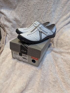 Clarks White Perforated Slip-On Loafers with Black Accents